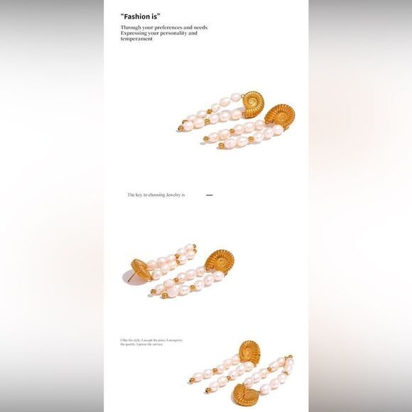 Gold Plated Stainless Steel Nautilus Pearl Drop Earring - Picture 4 of 14